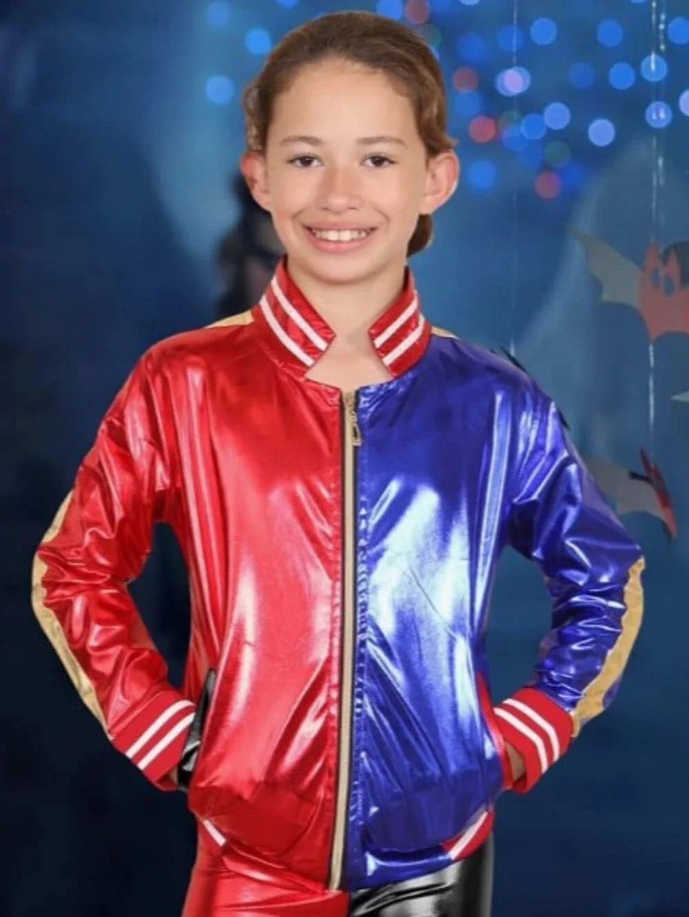Harlequin Split-Color Metallic Satin Bomber Jacket - Red & Blue Size Medium NWOT